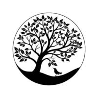 Minimalist tree silhouette with bird simple nature art design. vector