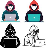 Four hacker illustrations with hoodies and laptops. vector