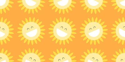 Hand drawn seamless sunny pattern with yellow happy faces. A fun and lighthearted background perfect for nursery rooms, stationery, wallpapers, and childrens summer themes vector