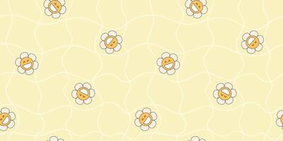 Playful smiling flower pattern with emotions. Seamless hand-drawn floral design with cartoon aesthetics. Great for kid-friendly spring and summer visuals or retro branding vector