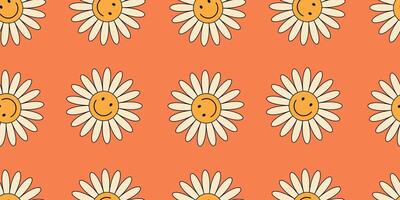 Seamless doodle floral design with smiley face characters. White daisies with smiles on orange background. Kids-themed and fun retro mood for creative use prints, packaging, social media, stationery vector