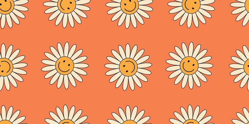 Seamless doodle floral design with smiley face characters. White daisies with smiles on orange background. Kids-themed and fun retro mood for creative use prints, packaging, social media, stationery