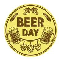 Retro circular beer label with bold Beer Day text, classic hops and barley graphics. Great for branding pubs, bars, or homebrew product packaging. vector
