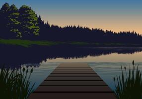 Lakeside dock with trees and sunset vector