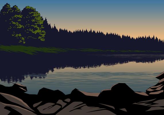 Morning Lake with Rocks and Pines