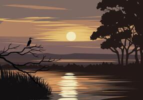 Sunset over a river with silhouettes vector