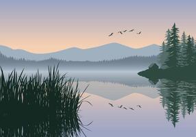 Lake landscape at dusk with mountains vector