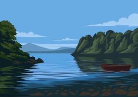 scenic lake with boat and mountains vector