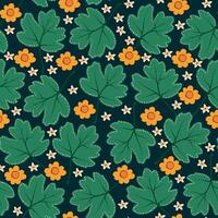 Dark Background with Green Leaves and Yellow Small Flowers. Cute fall seamless pattern with maple tree leaf perfect for cards, patterns, print, web vector