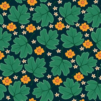 Dark Background with Green Leaves and Yellow Small Flowers. Cute fall seamless pattern with maple tree leaf perfect for cards, patterns, print, web