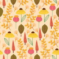 Hand Drawn Autumn Flowers and Leaves Seamless Pattern. Warm and earthy botanical design with fall vibes perfect for cards, patterns, print, web vector