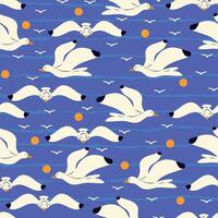 White Birds in Flight Over Blue Sky. Seamless pattern with creative seagulls and sunset perfect for cards, patterns, print, web vector