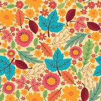 Colorful Autumn Leaves and Flowers in a Vintage Hand Drawn Style. Fall seamless pattern with retro colors and warm seasonal tones perfect for cards, patterns, print, web vector