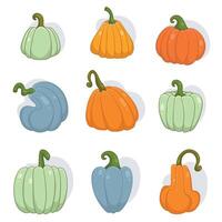 Pastel Pumpkin Set in Cartoon Hand Drawn Style. Decorative harvest vegetables isolated on cream background, perfect for farm, autumn, Thanksgiving designs invitations, cards, posters, patterns vector