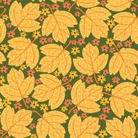 Seamless Pattern with Autumn Maple Leaves and Cute Florals. Fall foliage background perfect for cards, patterns, print, web vector
