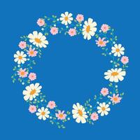 Daisy Flower Wreath on Bright Blue Background. Cheerful botanical frame with wildflowers and cute foliage perfect for invitations, web, print, t-shirt vector