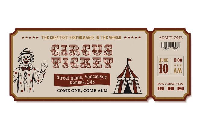 retro circus bidet with painted clown and tent, vintage grunge circus show template