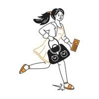Line art of a cheerful woman running. She holds a bag and ticket, showcasing a sense of urgency and excitement. The design uses simple black and orange colors. vector