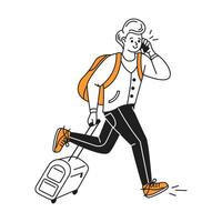 Illustration of a man happily running with a suitcase while talking on the phone. He wears casual clothes with an orange backpack. Cartoon style on a white background. vector