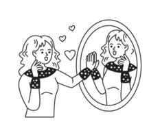 Black and white illustration of a cheerful woman admiring herself in a mirror with heart symbols. The image conveys selflove and happiness in a simplistic style. vector