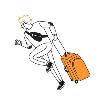 Cartoon illustration of a man running with an orange suitcase. He appears energetic and adventurous. The style is simple with bold outlines on white background. vector