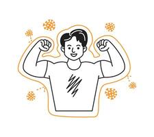Illustration of a happy man flexing muscles surrounded by virus symbols. Black and orange colors enhance theme of health and immunity. Ideal for wellness topics. vector