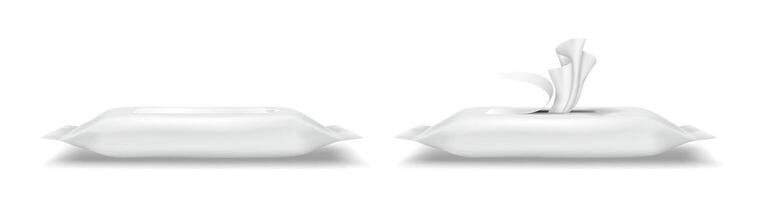Two realistic packages of white wet wipes on a plain white background. The first package is sealed, while the second shows wipes being pulled out. Useful for hygiene products branding. vector