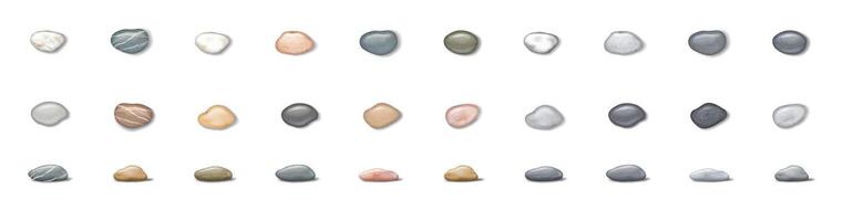 Assorted pebbles displayed in neat rows. Each pebble varies in color, ranging from light to dark shades. Perfect for design background or texture exploration. vector