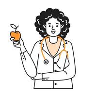 Illustration of a smiling doctor with curly hair holding an apple. Emphasizes health and nutrition. Simple black and orange line art style on white background. vector