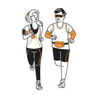 Dynamic cartoon illustrating a man and woman jogging. Both are dressed in sporty attire. The background is simple and white to emphasize their movement and energy. vector