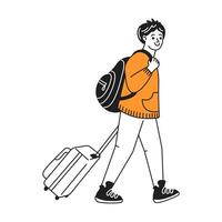 Illustration of a cartoon character traveling with a backpack and suitcase. He looks cheerful and ready for adventure. Simple lines and bright colors. vector