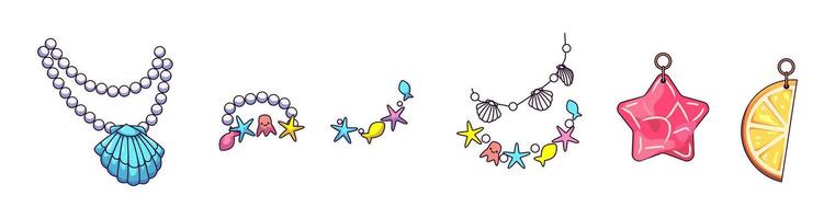Set of cartoonstyle jewelry featuring seashells, stars, and fruit designs. Bright colors make each piece unique. Perfect for summer accessories and playful styles. vector