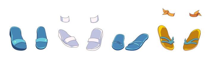 Illustration of various sandals in playful colors on a white background. Depicting different styles and designs suitable for casual or beachwear. vector