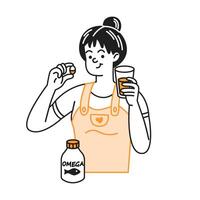 Illustration of person holding omega capsule and juice. Simple colors and clear backdrop promote healthy lifestyle and wellness. An essential daily routine. vector
