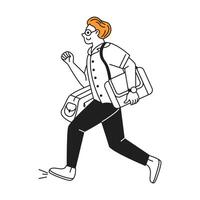 Cartoon illustration of a professional with a laptop and bag. Simple lines and vibrant colors show a dynamic and contemporary lifestyle on clear background. vector