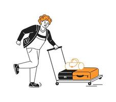 Person in casual outfit pushing luggage cart with suitcase and bag. Cheerful expression and dynamic pose on white background. illustration in black and orange. vector