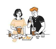 Illustration of a cheerful couple preparing fresh fruit smoothies. One is blending fruits while the other holds a glass. Simple design with orange accents on a white background. vector
