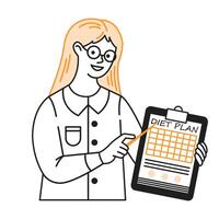 Smiling woman with glasses presenting a structured diet plan. She holds a clipboard and points at the chart with enthusiasm. Minimalistic style with orange accents. vector