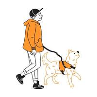 Illustration of a smiling man in an orange hoodie walking a happy dog. The scene illustrates companionship on a simple white background. vector