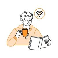 Illustration of person enjoying a book while sipping coffee. Relaxed expression on face. WiFi symbol with line represents digital detox. Simple line art. vector