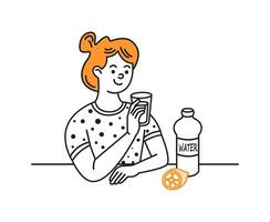 Illustration of a smiling woman drinking water in a simplistic style. Orange slice and water bottle add vibrant elements. Health and hydration concept. vector