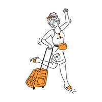 Illustration of a joyful traveler with suitcase in hand and raised arm. Simple orange accents on white background. Perfect for travelrelated designs. vector