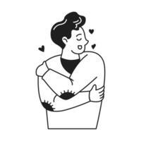Black and white illustration of a person hugging themselves with joy. Simple style with hearts symbolizing selflove and happiness on clean white backdrop. vector