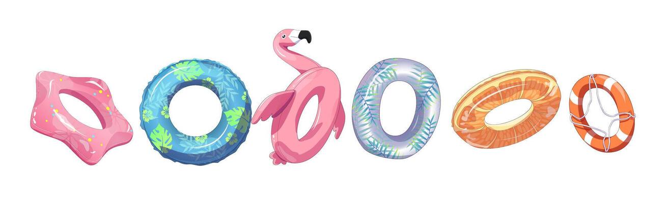 Vibrant collection of inflatable pool floats in various shapes and designs. Includes flamingo, citrus, and geometric patterns. Ideal for summer relaxation and water fun.