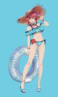 Anime character in stylish swimwear exudes a cheerful vibe. She poses confidently with a beach hat and float against a bright blue background, radiating summer joy. vector