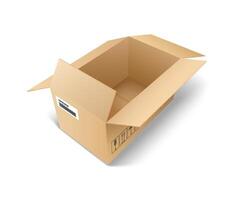 Realistic illustration of an open cardboard box with printed symbols. Brown tones depict packaging and shipping on a plain white background. vector