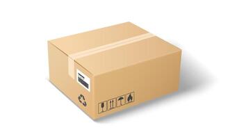 Illustration of a cardboard box featuring shipping safety symbols and a recycle icon. Rendered in realistic style with neutral colors. Ideal for logistics and packaging concepts. vector