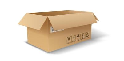 Realistic illustration of an open cardboard box with shipping symbols. Brown color and minimal shadowing. Perfect for logistics and packaging themes. vector