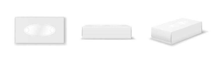 Realistic 3D render of a white cardboard box. Shown in different angles and perspectives. Ideal for packaging design. Plain background highlights product features. vector