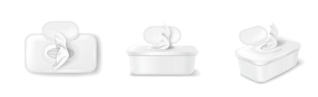 Realistic illustration of a white plastic wipe container with open lid. Tissue pops out gracefully. Clean design enhances the simplicity of hygiene products. vector